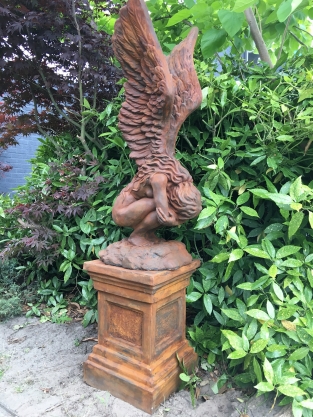 Very large kneeling oxide Angel with wings up on a large oxide pedestal, very large and unique!
